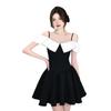 One-word shoulder suspender dress women's summer new small French pure desire wind waist short small black dress