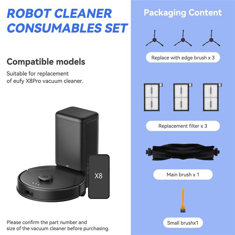 For Eufy X8 Pro Series Robot Vacuum Cleaner Replacement Parts - X8 Pro Accessories Kit,Main Brushes,Filters,Side Brushes-B61B