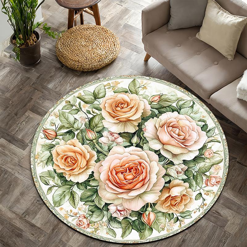 

Rose floral pattern Flannel-printed round floor mats are slip-resistant Suitable for living room bedroom terrace garden carpets 60cm x 60cm