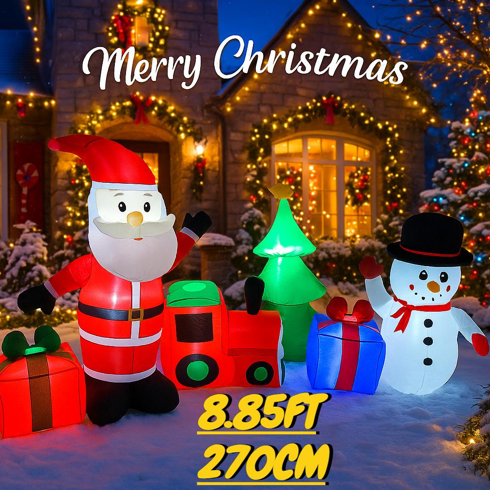 8.85FT Inflatable Toy Christmas Decor Set Santa Claus Snowman Train Xmas Yard Decorations Supplies LED Lit Home Ornaments Gift
