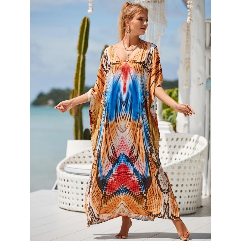 Moda Donna Estate Primavera Stampa a Blocchi di Colore Maniche 1/2 Scollo a V Linea Vita Lassa Abiti Casual