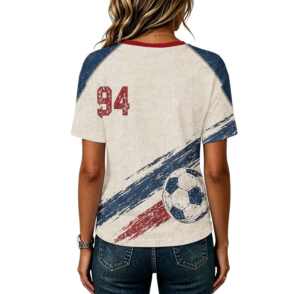 Women's Short Sleeve V-Neck T-Shirt with USA Letter Print