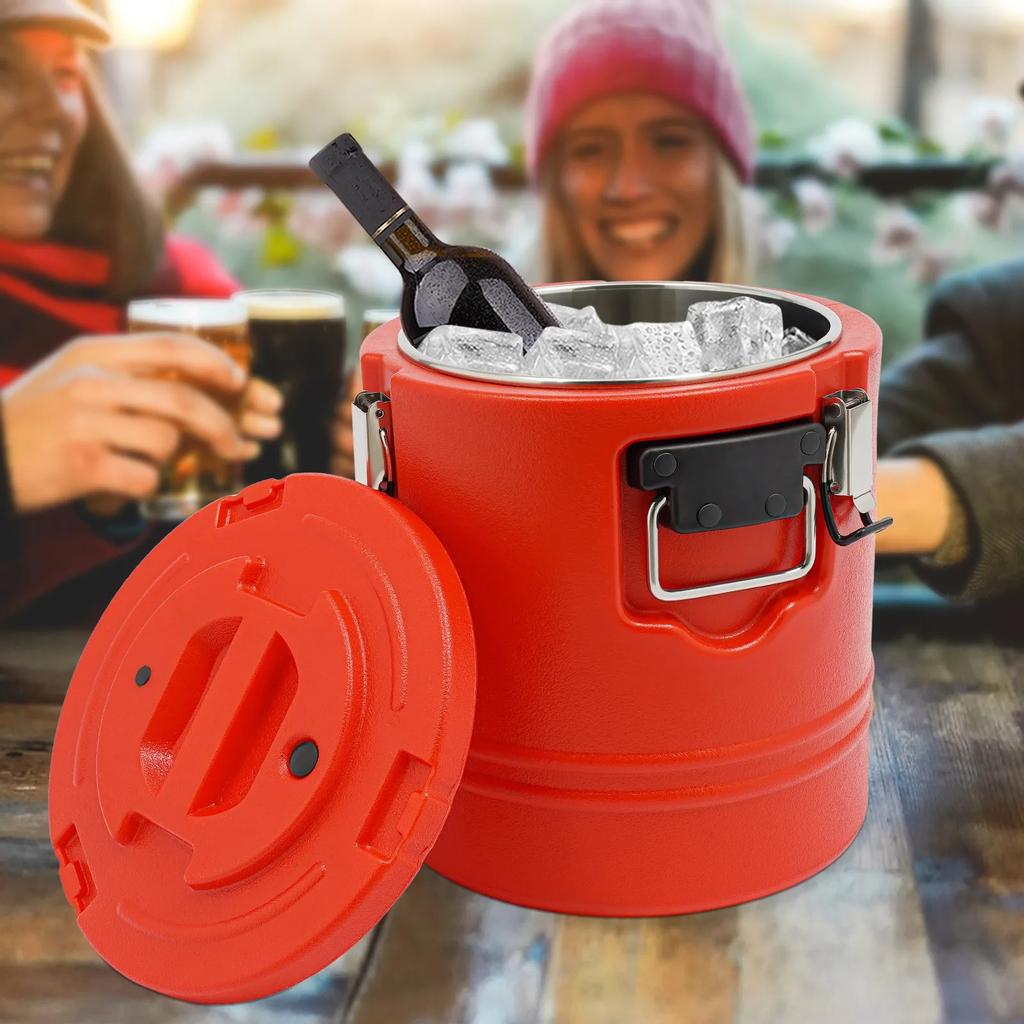 Commercial Stainless Steel Insulated Soup Bucket, 15.85Qt Hot & Cold Food Storage Container, Round Modern Red Insulated Bucket