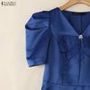 ZANZEA Women Casual Bows Splice V-Neck Summer Short Sleeve Dress