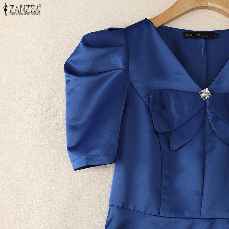 ZANZEA Women Casual Bows Splice V-Neck Summer Short Sleeve Dress