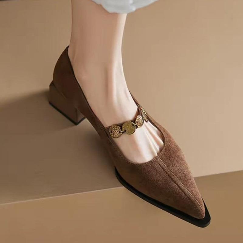 Fashion Scrub Leather Pointed Toe Shallow Single Vintage Strap Block Heel Women's Shoes