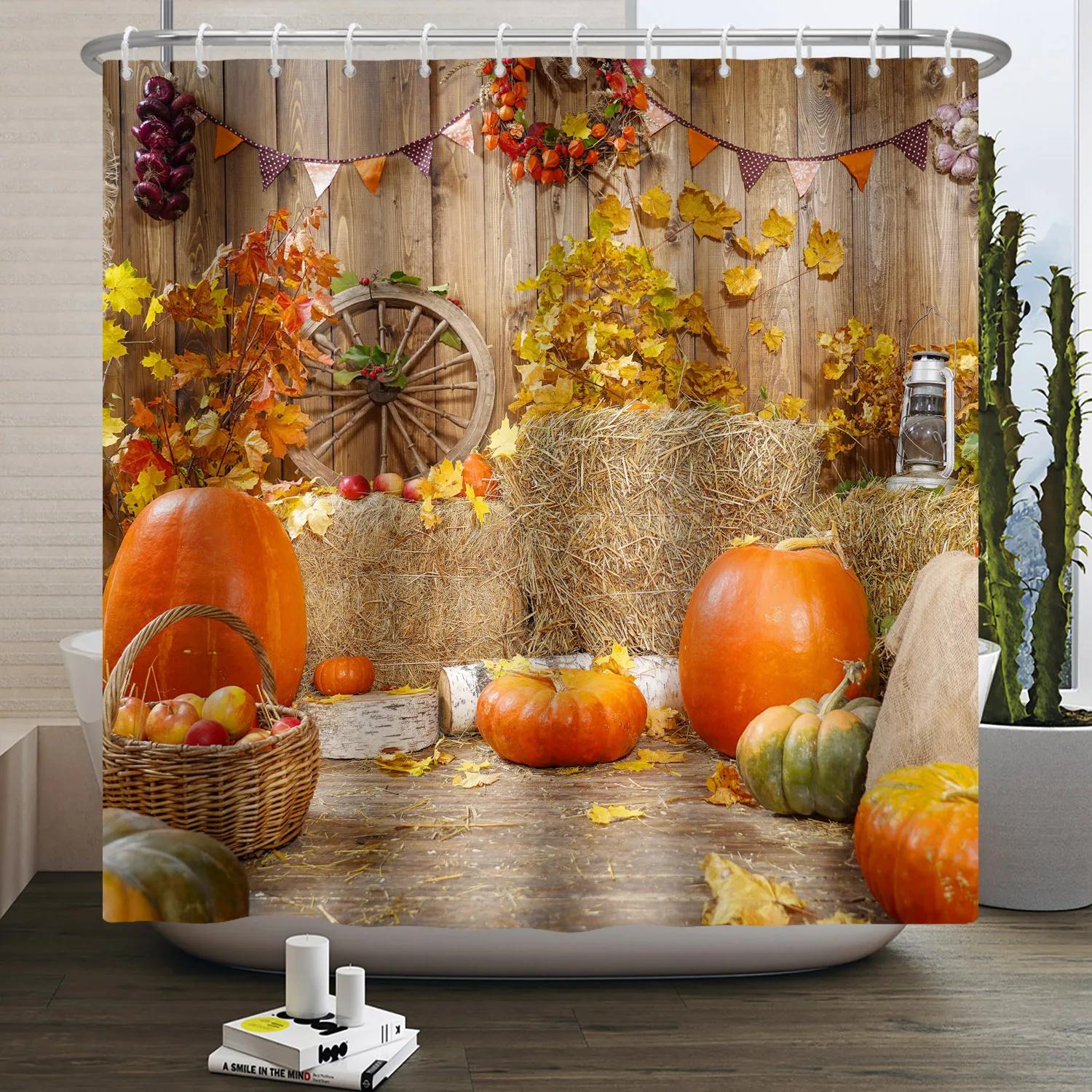 

Fall Forest Natural Scene Shower Curtain for Bathroom Autumn Maple Tree Plants Rural Landscape Pumpkin Waterproof Shower Curtain W 90xH180cm
