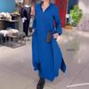 European and American Solid Color V-Neck Satin Long-Sleeve Pocket Dress