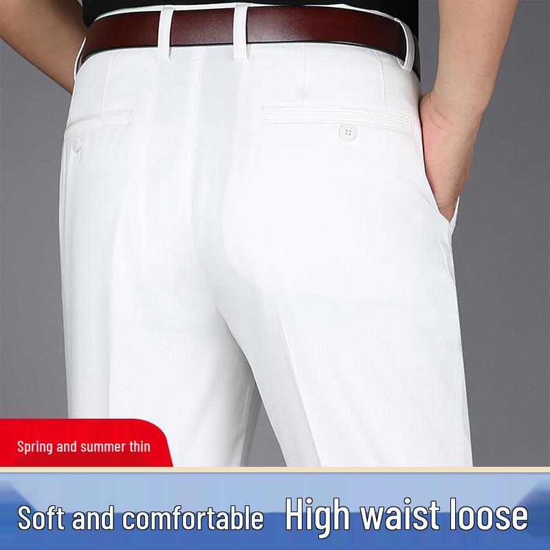 Men's High Waist Straight Leg Cotton Pants - Summer Casual, Solid Color, Middle-Aged, Loose Fit, Deep Crotch, Dad Trousers