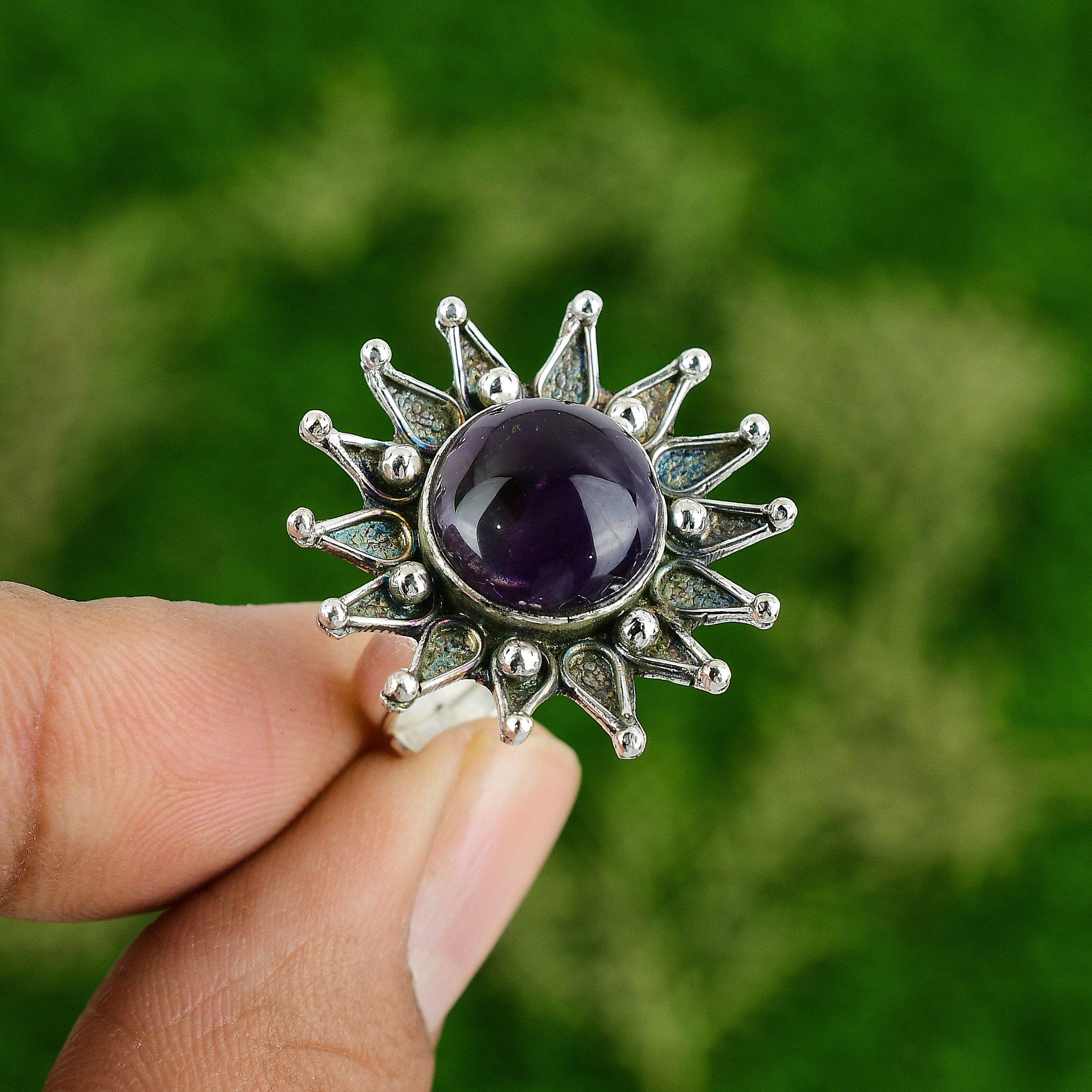 

Серебро 925 пробы Чакра Короны Африканский Аметист Камень Цветок Новое Заявление Кольцо Ювелирные изделия Adjustable