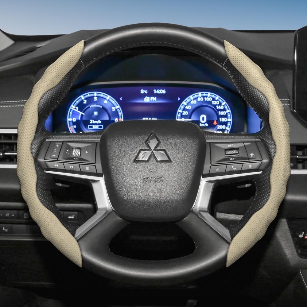 Suitable for Mitsubishi Steering Wheel Cover with Wavy Sports Design, Breathable Leather, Segmented, Non-Slip, Sweat-Absorbent, Suitable for Outlander