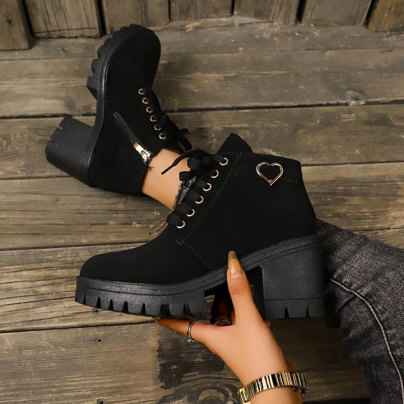 Women's Boots PU Leather Casual Boot Fashion High-heeled Ankle Boots for Women Lace Up Platform Boot Side Zipper Botas Mujer