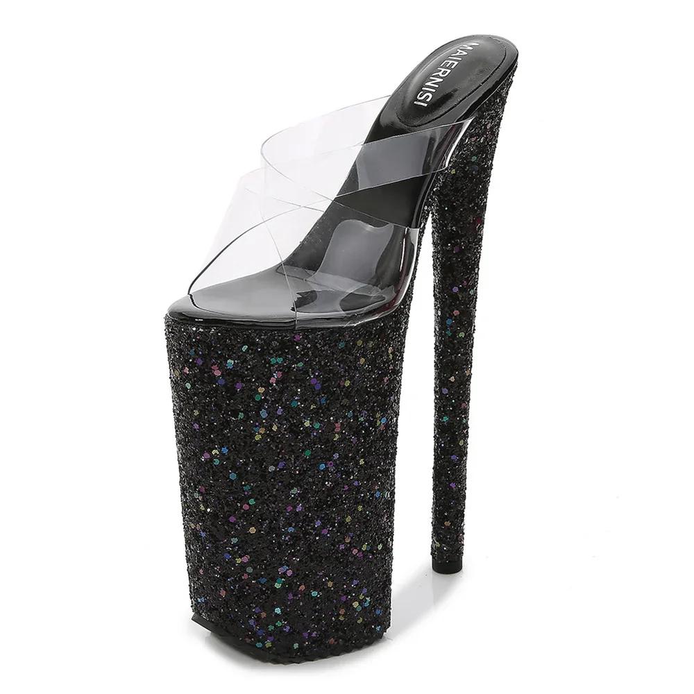 Fashion Fashion Models Transparent Sexy Slippers 2024 Summer New Women Sequins Platform High Heels Shoes 26CM Stilettos Sandals Ladies