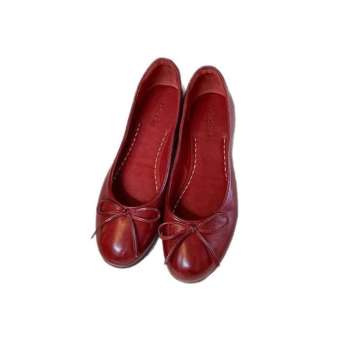 Grape Mother Of The Same Style, Oil Wax Horse Leather Ballet Shoes, Bow, Shallow Mouth, Not Tired Feet, Flat-Soled Single Shoes Women'S Egg Roll Shoes