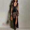 Vestido Longo Boho Feminino de Verão Sexy Decote em V Profundo Sem Mangas Fenda Alta Longo Primavera Estampa Vintage Festa Vestido de Férias