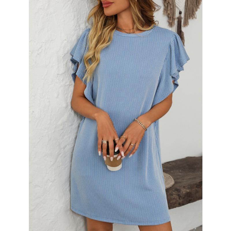 Summer Fashion Ruffled Short Sleeve Elegant Women Dress O Neck Loose Casual Simple A-line Stripes Party Short Dresses New Women's Clothing