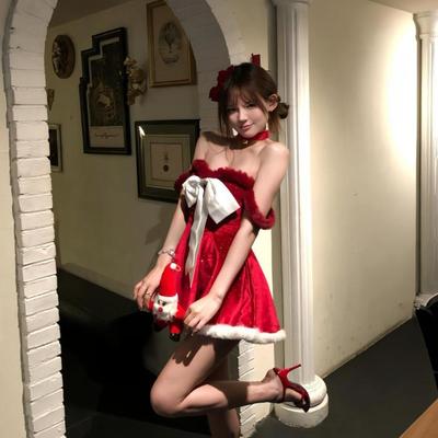 Strapless Red Bow Sparkle Princess Dress for Christmas Eve