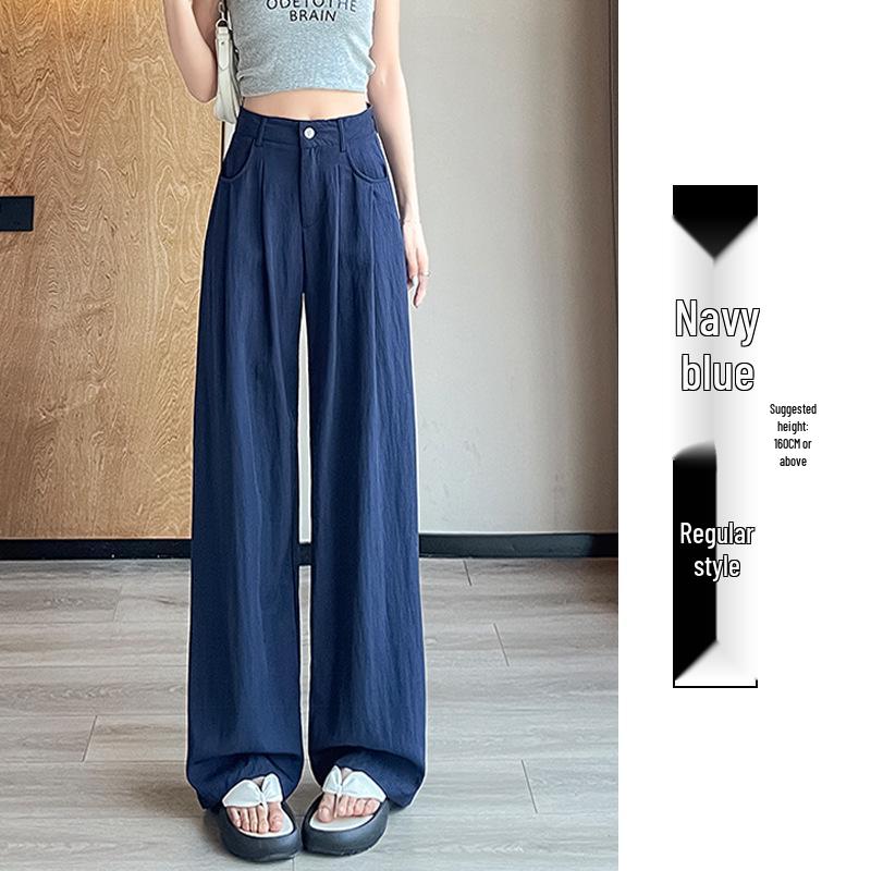 

Women s Navy Blue Ice Silk Wide-Leg Pants - Summer Thin Nine-Point Drape Casual Suit XXL