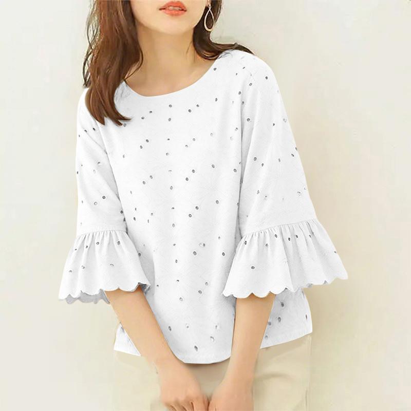 

ZANZEA Женская повседневная блузка с круглым вырезом и ажурным кружевом в стиле пэчворк с рукавом 3/4 3XL белый