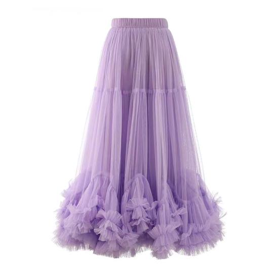 Mesh Yarn Midi Skirt High Elastic Waist Ruffles Trim A-line Skirt