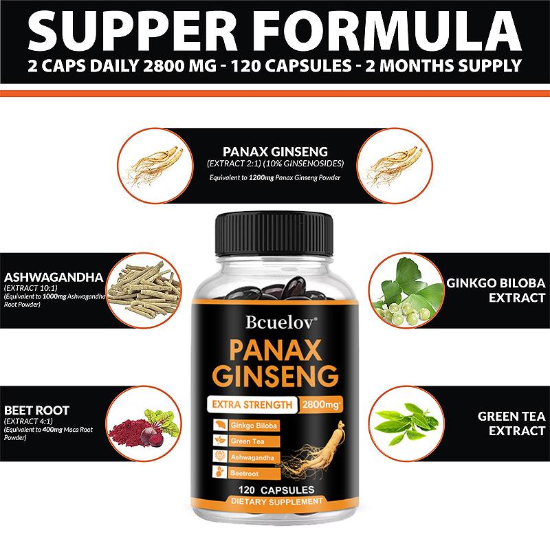 Panax Ginseng 2800mg Kapseln Extra Stark, Kräuter-Nahrungsergänzungsmittel-Mischung mit Ginkgo Biloba, Ashwagandha, Grünem Tee & Roter Bete, Energie- & Fokus-Unterstützung