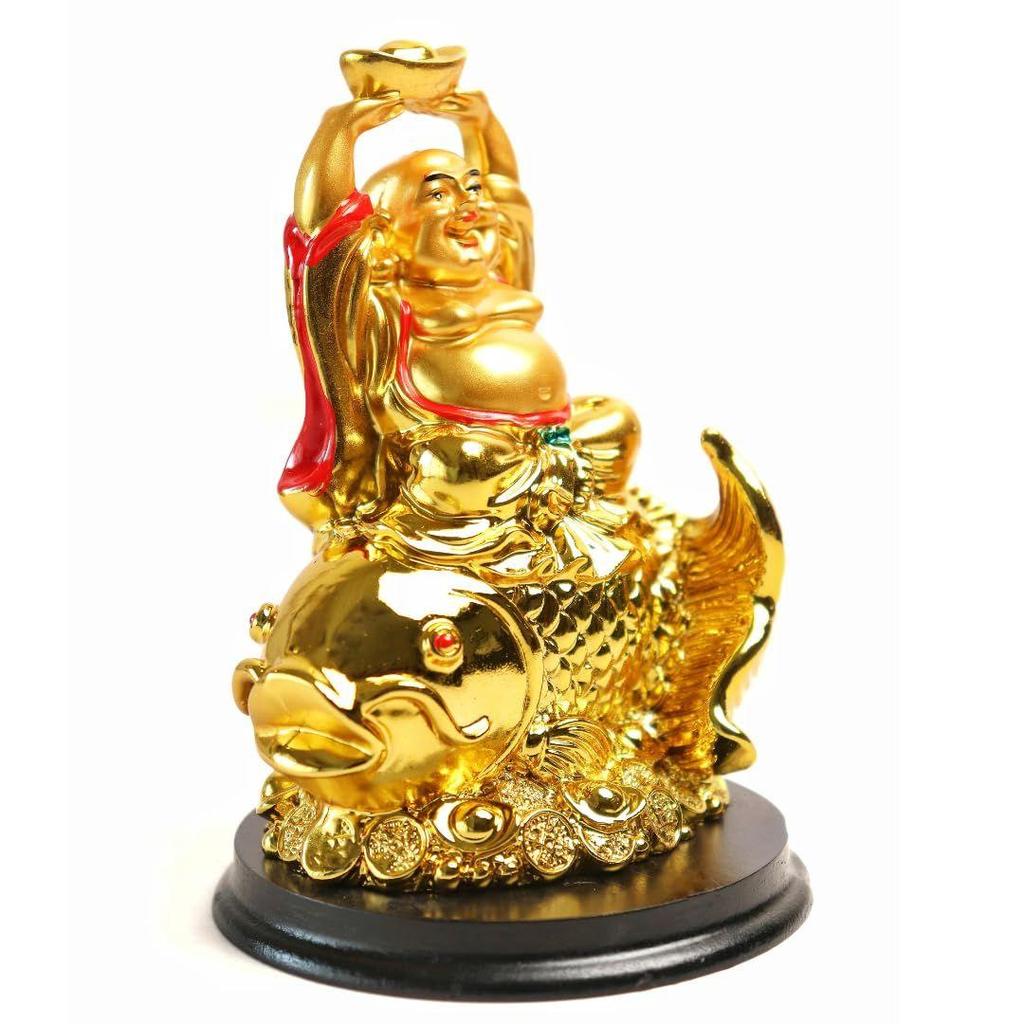 The Spiritual Living Golden Laughing Buddha Idol on Arowana Fish | 4 Inch | Feng Shui Statue for Prosperity, Wealth & Career Growth