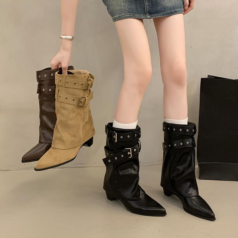 New Style Fashion Pointed Toe Women Western Ankle Boots Elegant Thick Heels Shoes Laides Belt Buckle Short Booties Zapatos Mujer