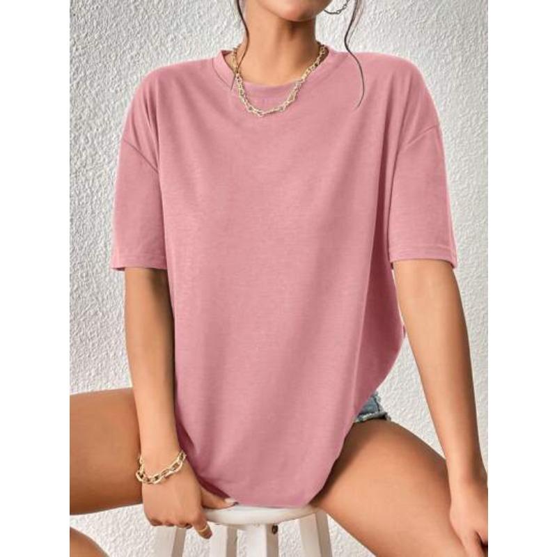 Tricou casual de damă de primăvară și vară, cu gât rotund, culoare uni, mânecă scurtă