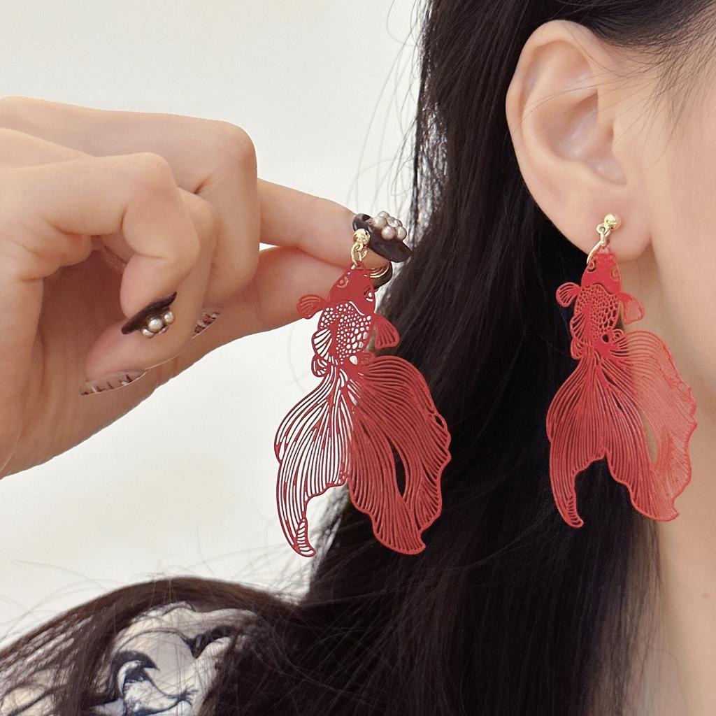 Fashion Koi Earrings Exaggerated Hollow Metallic Pendant Geometric Earrings for Women Jewelry Fish Earrings
