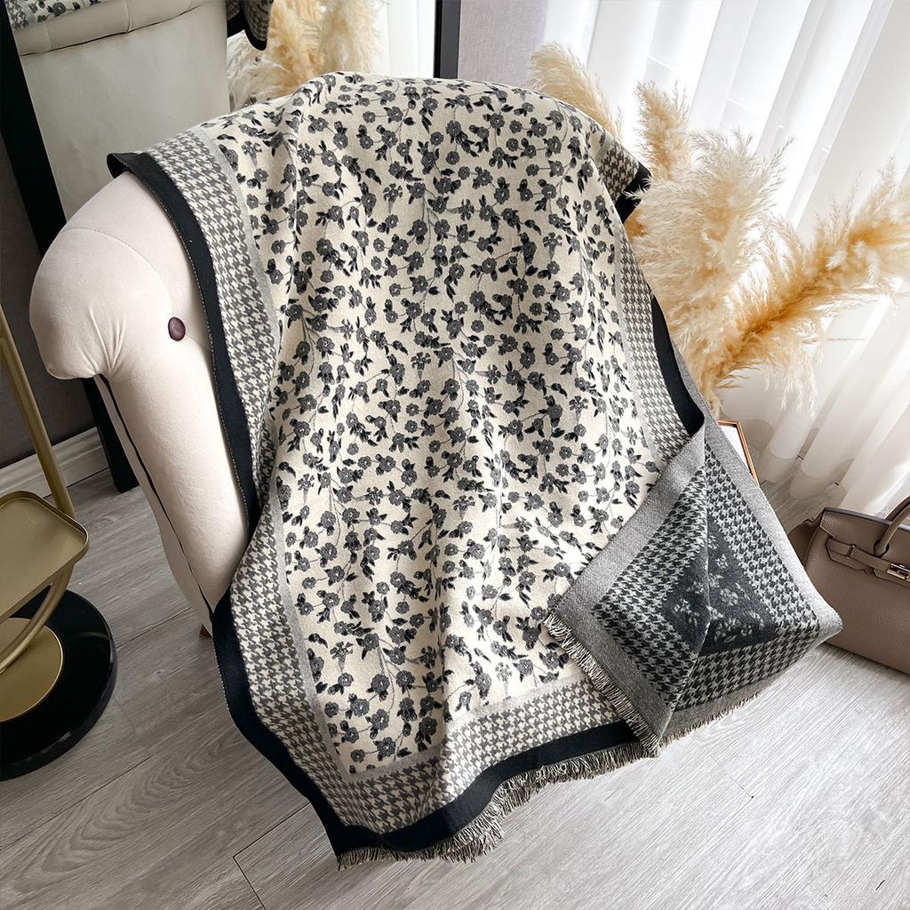 Autumn And Winter Imitation Cashmere Scarf Floral Thousand Bird Grid High-End Double-Sided Scarf Shawl Versatile Woman