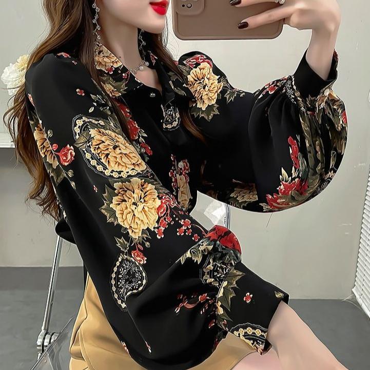 Retro Women's Printed Shirt Slim-fit Lantern Sleeve Floral Shirt Collared Chiffon Shirt Spring