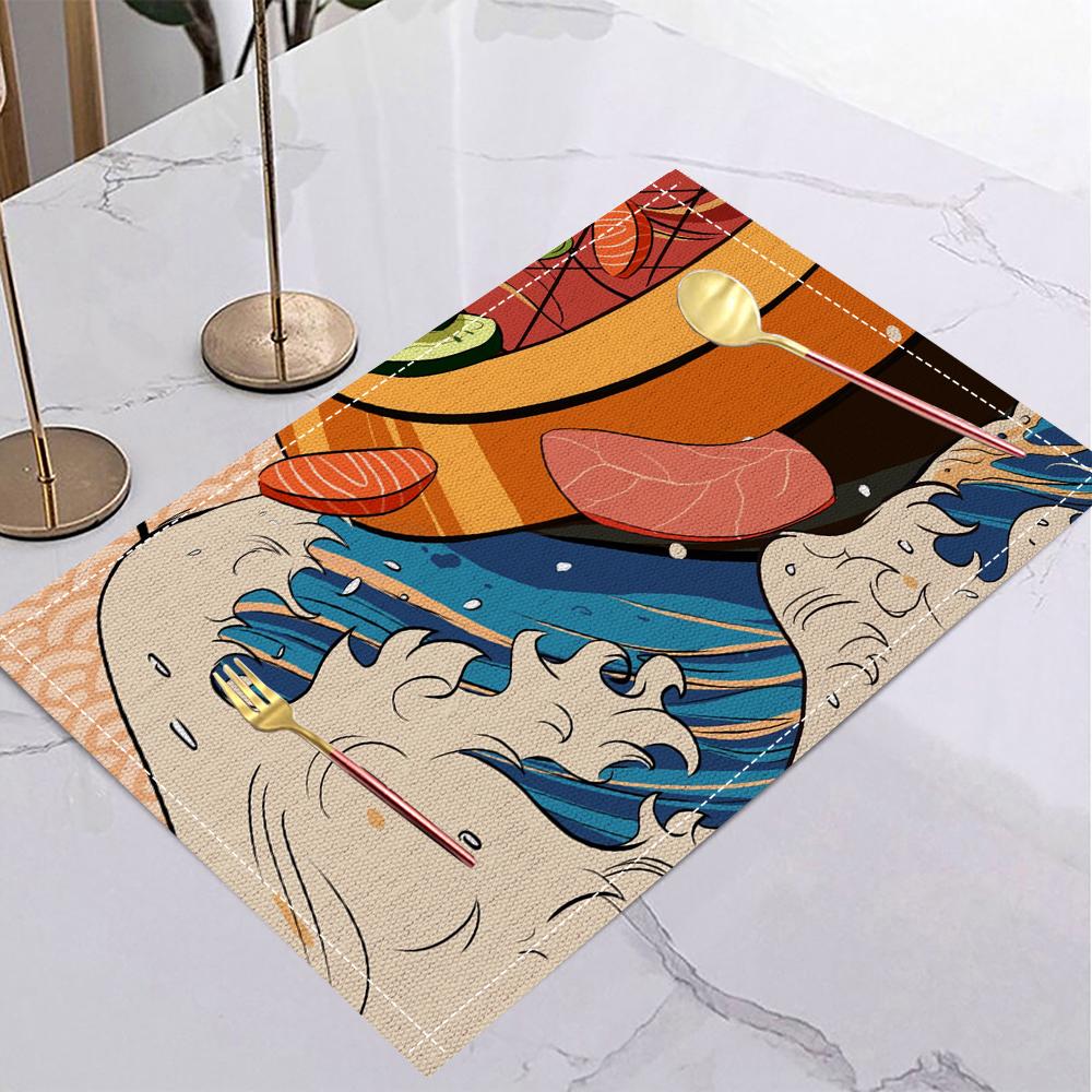 Japansk Ukiyo-e Stil Linne Dukunderlägg Halkfria Bordsunderlägg Rektangulära Halkfria Matsalsbord för Kök Heminredning Viktiga Tillbehör