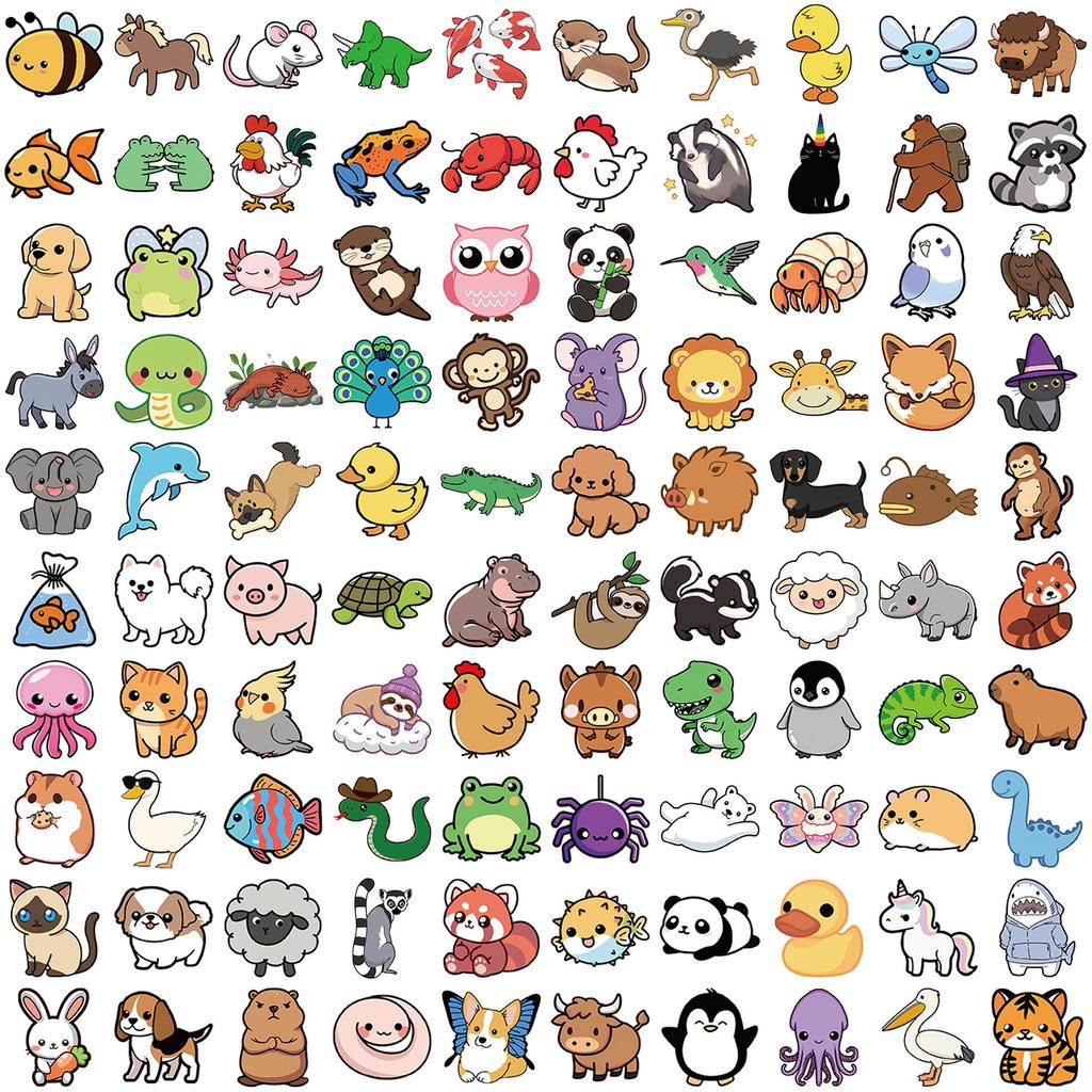 100 Cartoon Animals Illustrations Graffiti Stickers Guitar Notebook Suitcase DIY Waterproof