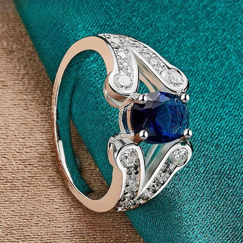 925 Sterling Silver Blue Zircon 7-10# Ring for Women Fashion Wedding Party Charm Jewelry