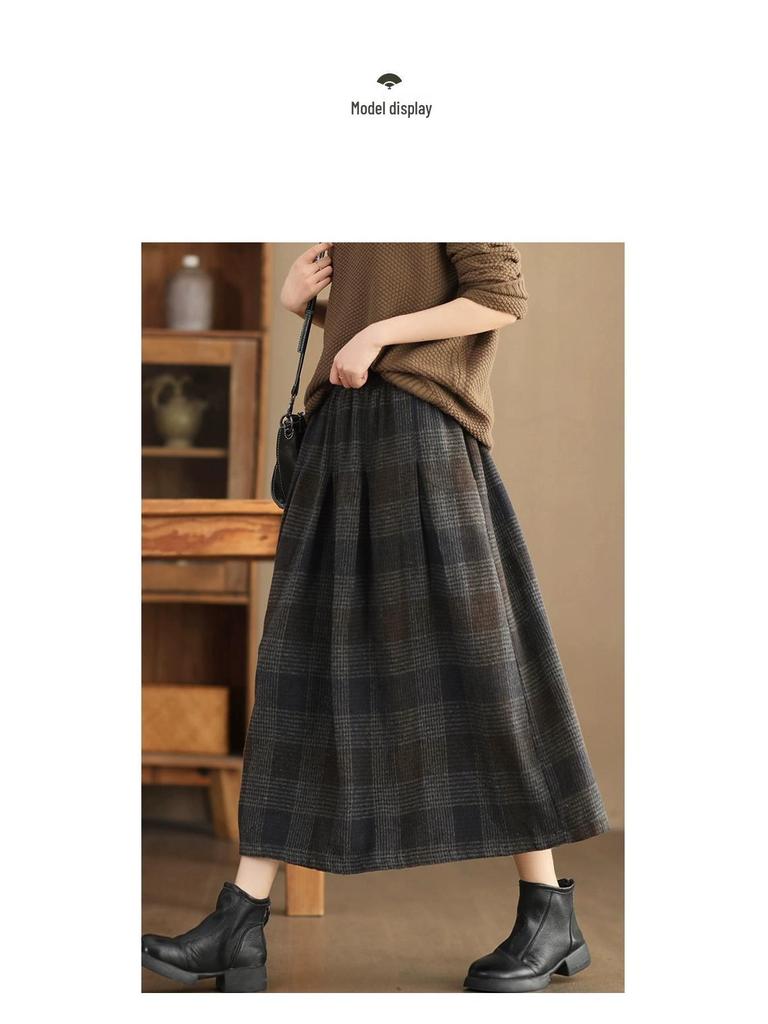 In-Stock Autumn 2025 Women's Warm A-line Woolen Plaid Mid-length Skirt