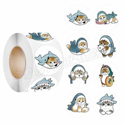 Rolle mit 500 Cartoon Meow Hai Katze Runde Aufkleber - Selbstklebendes Kupferdruckpapier zur Dekoration
