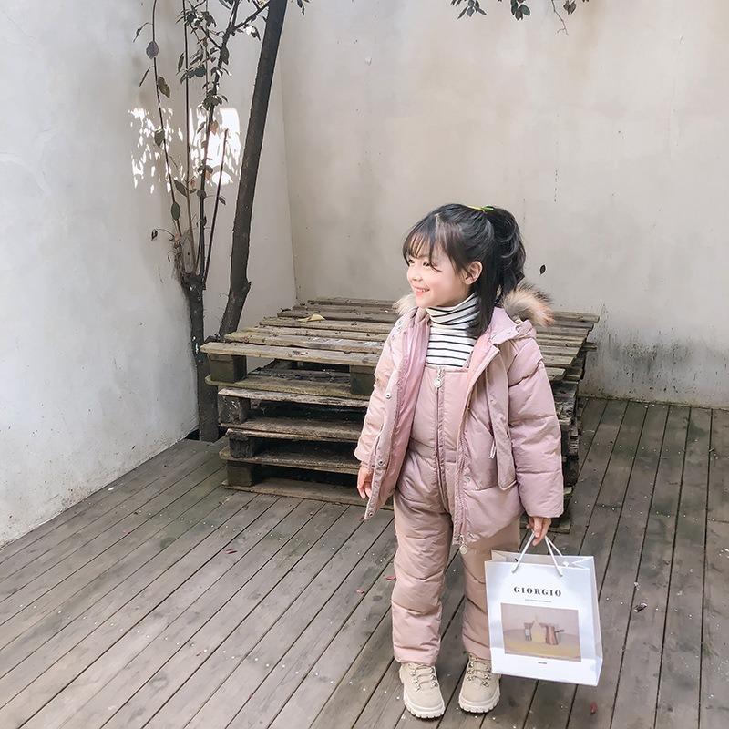 Children's Down Cotton Clothing Set, Large Fur Collar Two-piece Set, Baby Girl Overalls, Children's Clothing