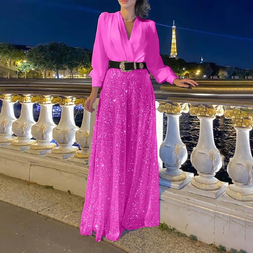 Pailletten-Taillenkleid V-Ausschnitt Langarm Mode Damen Hose Weites Bein Französisch für Frühling Herbst