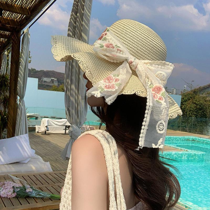 Summer Bow Big Brim Sunshade Straw Hat Female Sweet and Cute Seaside Sunscreen Beach Vacation Hat Big Brim Hat