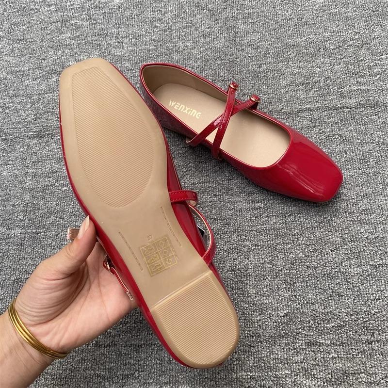 Fashion Flat Shoes for Women Spring Autumn 2025 Vintage Patent Leather Mary Jane Shoes Square Toe Plus Size 43 44 Single Shoes for Women