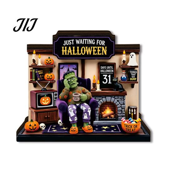 LED Halloween Scenes Vintage Glowing Wooden Tabletop Decor, Light Up 3D Scene Display Spooky Desktop Ornaments for Party, Festive Home Ornament Tiered