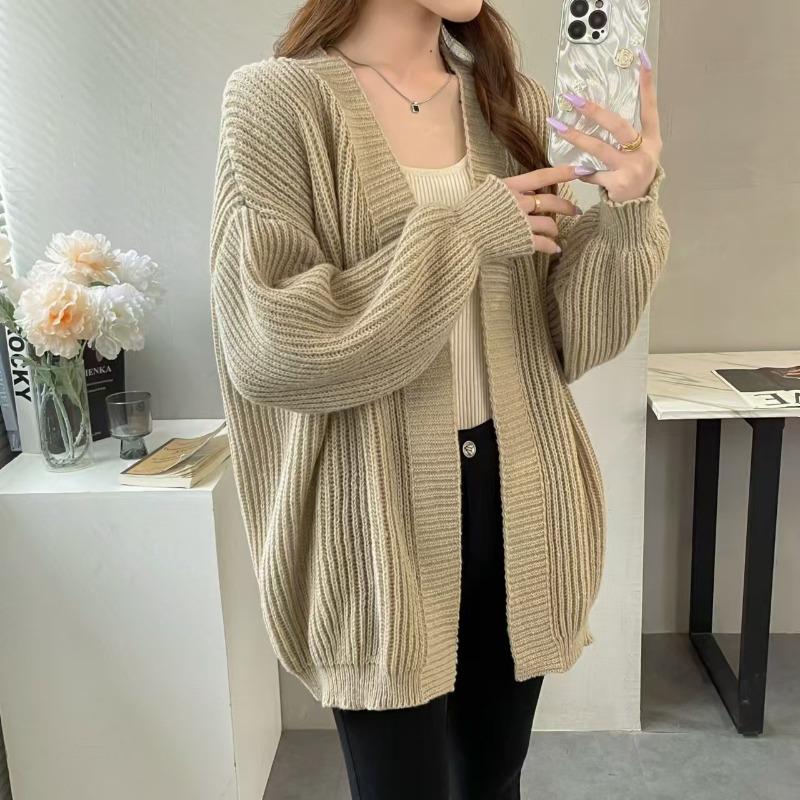 Chic Loose Casual Mid Length Knitted Cardigan Sweater Women Autumn and Winter V Neck Warm Women Sweaters Jacket Elegant Vintage Solid Cardigans 25250