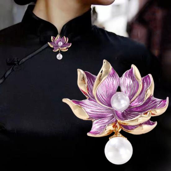 Yousheng Women Brooch Lotus Flower Shape Faux Pearl Decor Contrast Color Realistic Flower High-end Luxury Lady Party Prom Clothes Pin Jewelry Decor