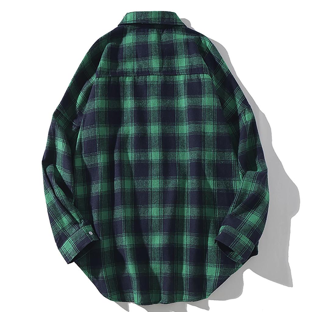 Men's  Casual Fashion Plaid  Printing Loose Lapel Long Sleeve Shirt Tops Blouse