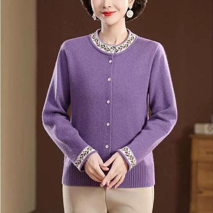 Autumn Winter Women's Round Neck Embroidered Cardigan Sweater Thickened Loose Knit Cardigan