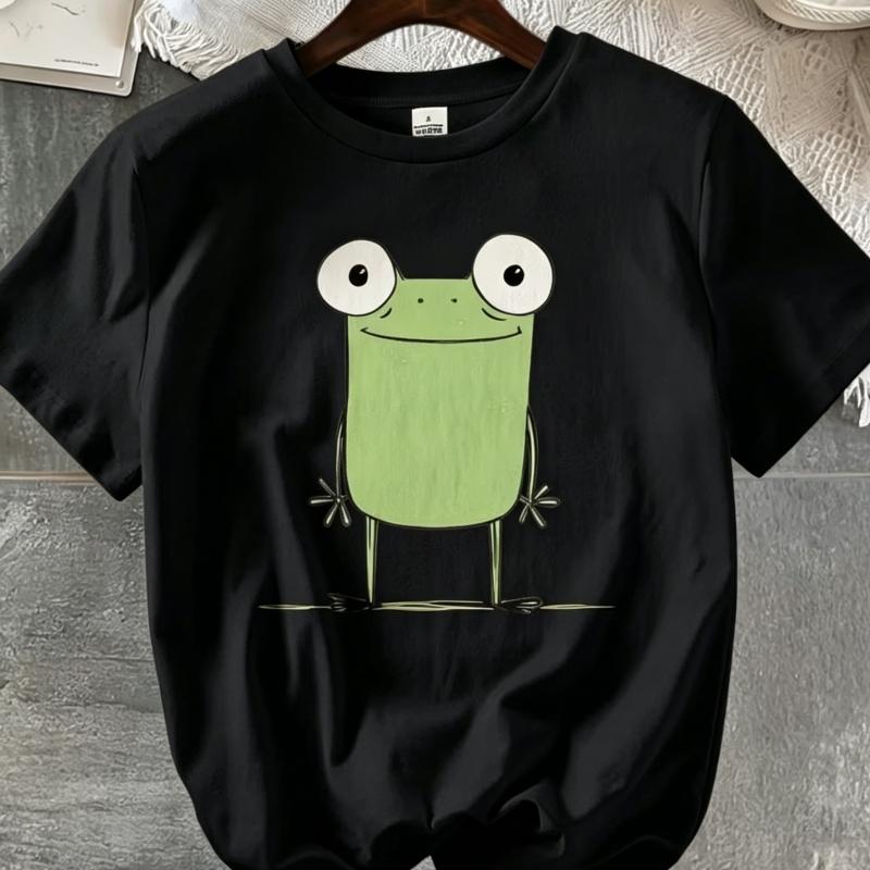 Cute Kawaii Frog T-Shirt Women Funny Cartoon Eyes Graphic Cotton Short Sleeve Loose Summer Top