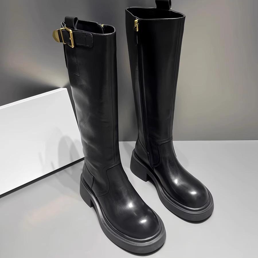 Sheepskin Version~ European Genuine Leather Boots, New Round Head Thick-soled Muffin-bottom Knight Boots, Belt Buckle High Boots