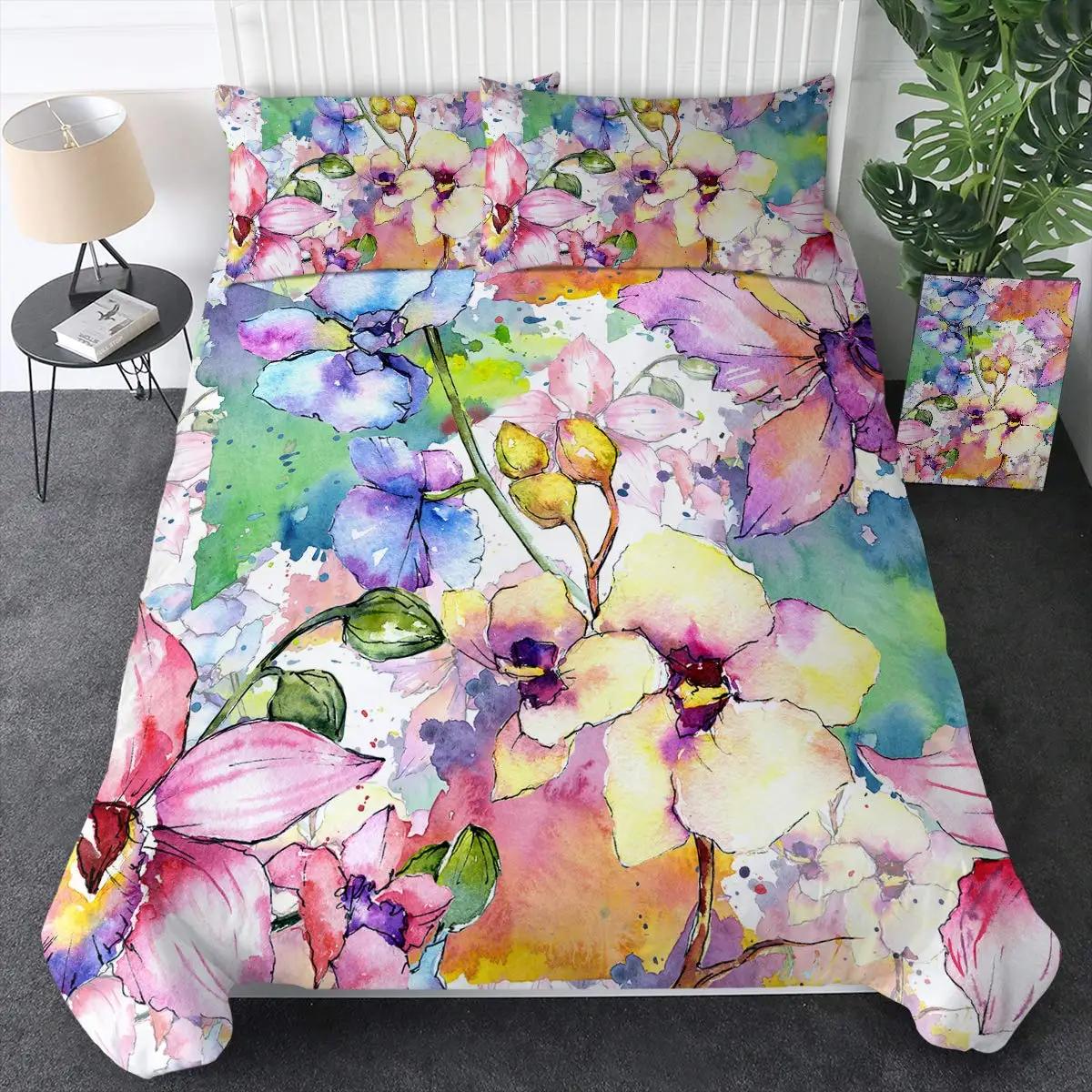 Watercolor Botanical Flower Soft Duvet Cover Set King-Sized Dimensionsd Dimensions Wildflower Orchid Floral Printed Beding Set Elegant Shaby Chic 120*200cm Single