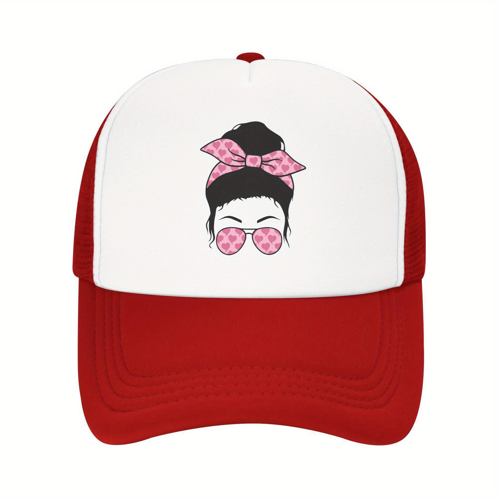 

Pink Heart Messy Bun Trucker Hat Valentines Day Adjustable Mesh Baseball Cap Casual One Size
