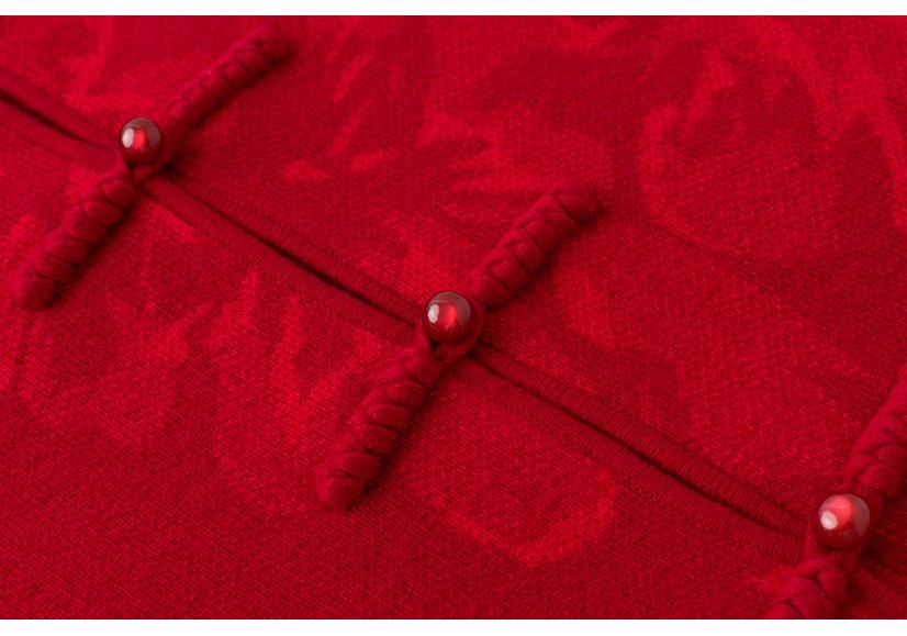 Red Wool Tang Suit Sweater Coat with Stand Collar & Frog Buttons for Women